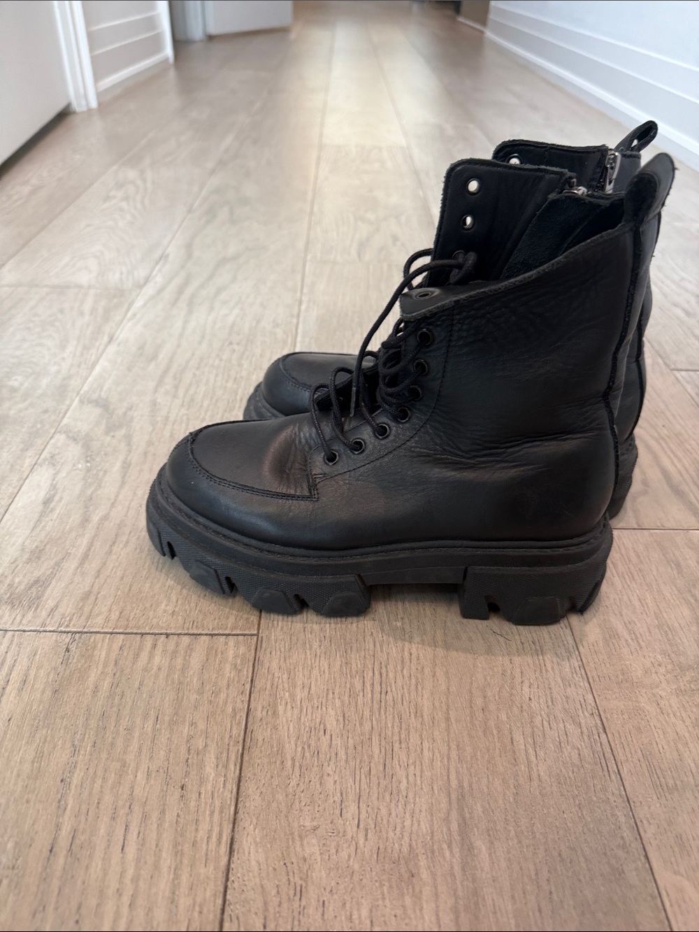 soeur Black Leather Lug Sole Combat Boots
